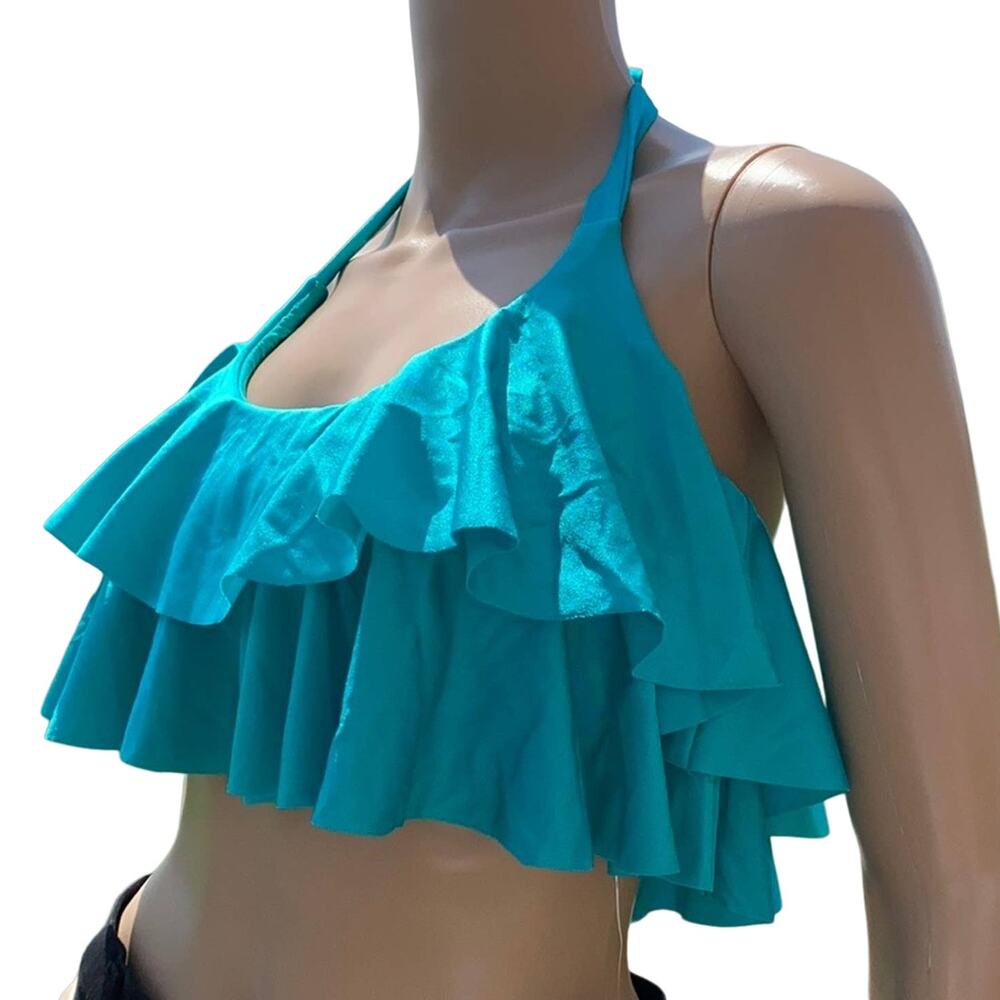 Nicolita Bikini Top S Teal Rumba Ruffled Tiered Padded Boned Halter New